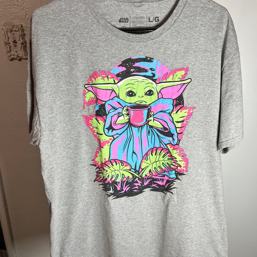 Star Wars Gray Tee with Neon Grogu Graphic
